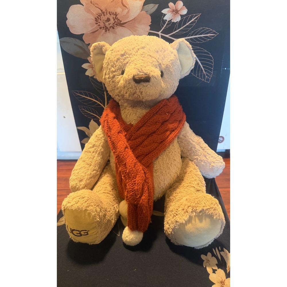 UGG Australia Plush Teddy Bear Cream Faux Fur Orange Scarf Embroidered Logo 16in